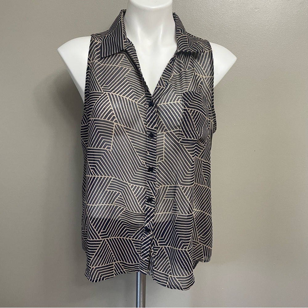 Poetry Clothing Medium Sheer Button Down Sleeveless Blouse Geometric Print